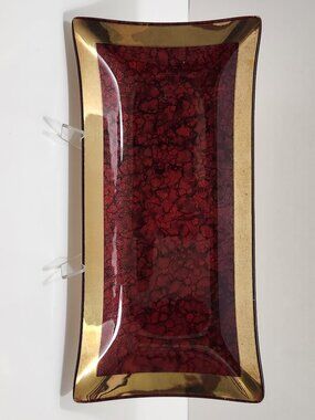 MCM Hollywood Regency Ruby Red Gold Leaf Foil Backed Glass Centerpiece Platter